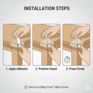 A step-by-step visual guide on how to baby proof table corners in dining room using adhesive guards.