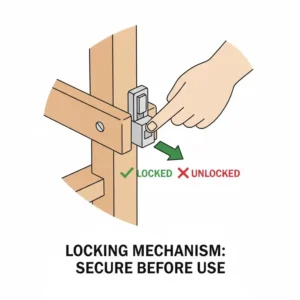 Checking the safety lock mechanism when securing high chair to avoid tipping over.