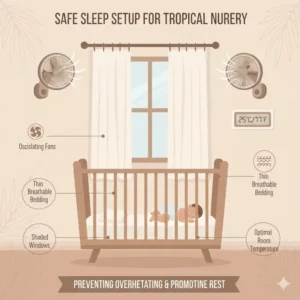 A diagram of a cool and safe nursery setup for heat safety in tropical climates babies.
