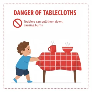Removing tablecloths to avoid spills and ensuring safety for preventing hot food burns toddler.