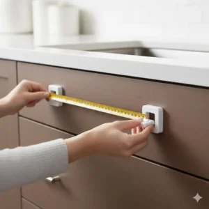 Using a measuring tape from the child safety locks easy install tools set to align drawer protectors.