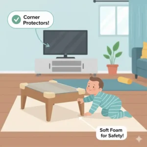 Applying soft foam bumpers to sharp furniture edges is among the best baby proofing tips for apartments.
