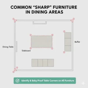A dining area layout highlighting where it is essential to baby proof table corners in dining room.