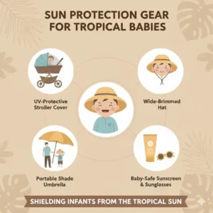 Key sun protection gear and tools used for heat safety in tropical climates babies.