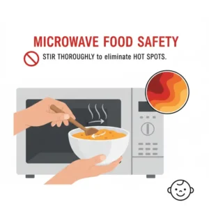 Stirring microwaved food to remove hot spots, a vital tip for preventing hot food burns toddler.