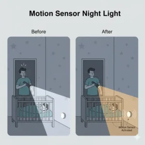 Illustration of a parent walking into a room triggered by a motion-sensing night light that doesn't disrupt baby sleep.