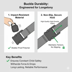 Illustration 5: High-impact buckle assembly connected to high chair safety straps that don’t wear or fray during long-term use.