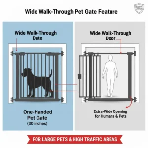 An illustration of the wide walk-through door feature found on rated safety gates for large pets.