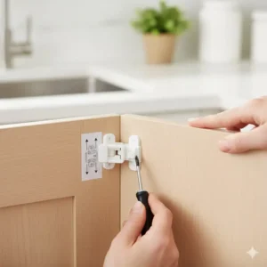 A small screwdriver and alignment guides being used as child safety locks easy install tools for spring latches.