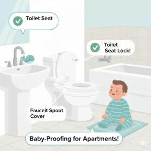 Practical baby proofing tips for apartments include using toilet locks and bathtub spout covers in the bathroom.