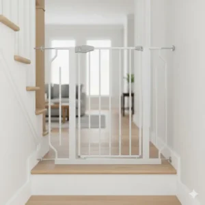 A pressure mounted walk-through baby gate for stairs from the best baby proofing brands affordable.