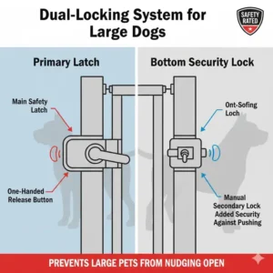 A close-up of the secure dual-locking system designed for rated safety gates for large pets.