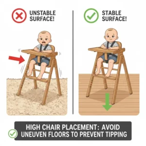 Importance of a level surface for securing high chair to avoid tipping over in the kitchen.