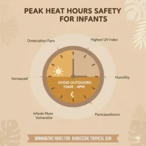 A clock showing peak sun hours to avoid for better heat safety in tropical climates babies.