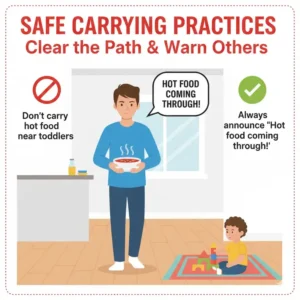 A parent giving a verbal warning while carrying hot soup to assist in preventing hot food burns toddler.