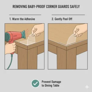 Using a hairdryer to safely remove old adhesive when you baby proof table corners in dining room.