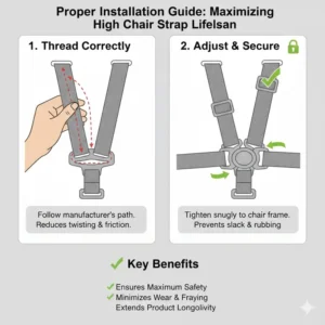 Illustration 6: An installation guide highlighting how to properly thread high chair safety straps that don’t wear against the chair frame.