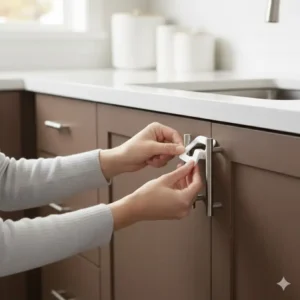 Testing a newly mounted latch to show how effectively child safety locks easy install tools work in the kitchen.