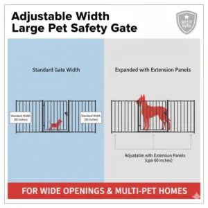 A graphic showing expansion panels for adjustable-width rated safety gates for large pets in wide spaces.