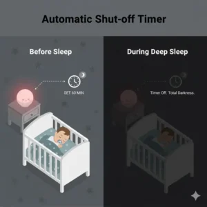 Visual representation of an automatic shut-off timer feature on a night light that doesn't disrupt baby sleep.
