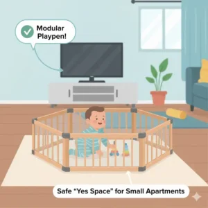 Creating a gated "yes space" in small layouts is one of the top baby proofing tips for apartments.