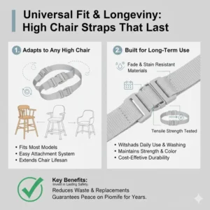 Illustration 7: Universal replacement kit featuring premium high chair safety straps that don’t wear and fit most major high chair brands.