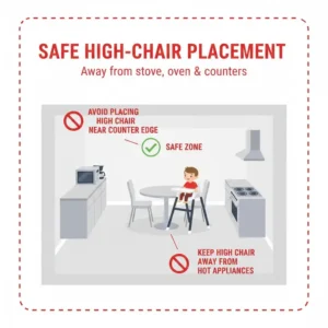 Positioning a high chair far from the cooking area, effective for preventing hot food burns toddler.