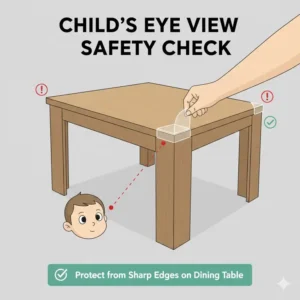 A child's eye view perspective showing the necessity to baby proof table corners in dining room.