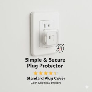 A simple plastic plug protector being shown in our detailed reviews of baby proof outlet covers.