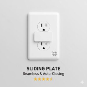 An illustration of a self-closing sliding plate featured in current reviews of baby proof outlet covers.
