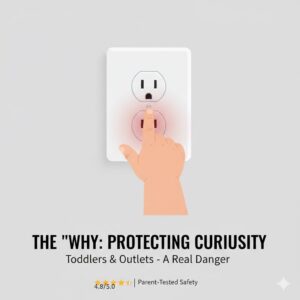 An illustration showing why parents need to read reviews of baby proof outlet covers to protect curious toddlers.