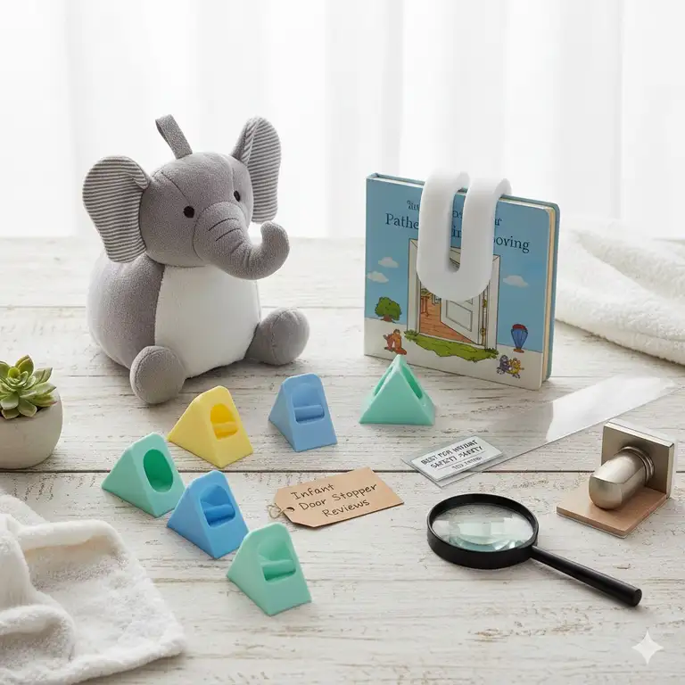 A top-down view of various safety products for a comprehensive infant door stopper reviews comparison guide.