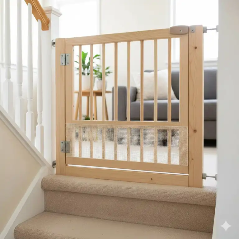 A finished wooden DIY project showing the result of building a low cost safety gate at the top of stairs.