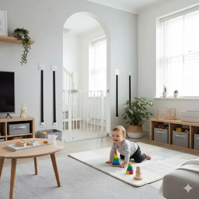 A fully secured living room layout designed for creating safe zones in house baby proofing with gates and soft flooring.