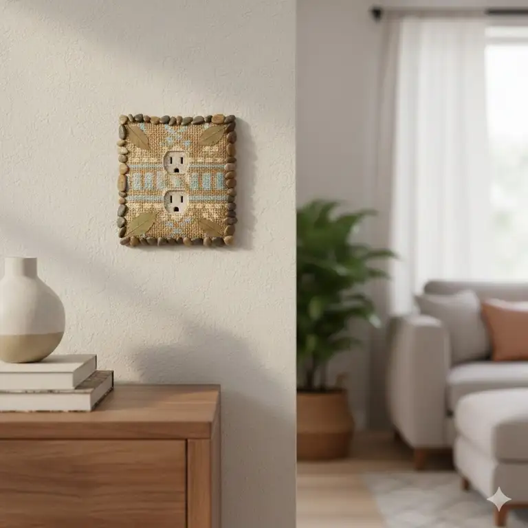 A beautiful living room featuring decorative homemade outlet covers from materials at home.