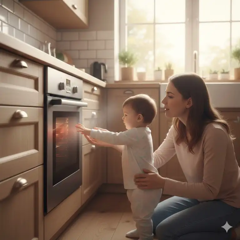A mother in a kitchen teaching toddler not to touch hot oven by gently holding their hand back.