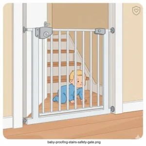 A sturdy safety gate installed at the stairs, essential for creating safe zones in house baby proofing.