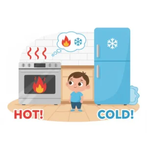 A visual safety lesson teaching toddler not to touch hot oven using red hot and blue cold symbols.