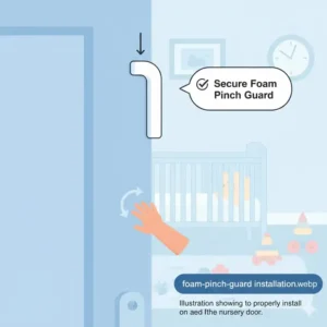 Diagram showing a foam pinch guard being installed on a nursery door, featured in our infant door stopper reviews
