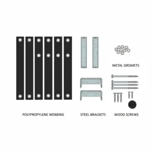 An illustration of the required components for making tv strap holders for wall mounted tv like polypropylene webbing and wood screws.