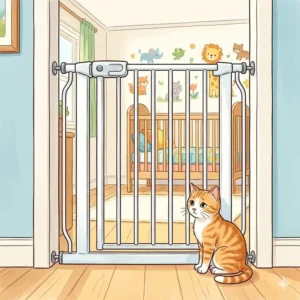 An illustration of a baby gate installed at a nursery door to establish boundaries for a cat.