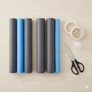 Necessary materials to create diy baby proof corner guards with foam including pool noodles and tape.