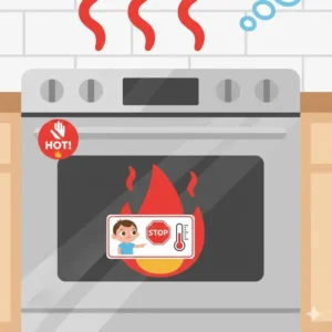 Using red warning stickers on the glass door when teaching toddler not to touch hot oven.