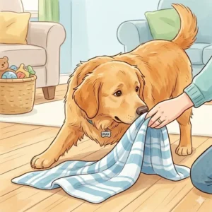 A dog sniffing a baby blanket to get used to new scents before the infant arrives home.