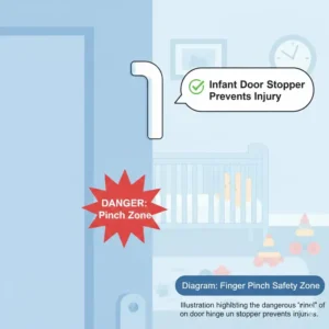 Safety illustration highlighting the finger pinch hazard zone addressed in these infant door stopper reviews.