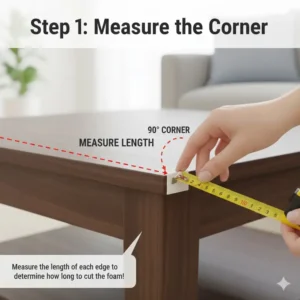 Measuring the furniture edges before installing diy baby proof corner guards with foam.
