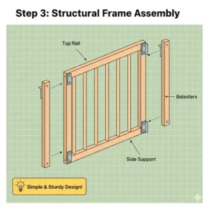 A structural diagram illustrating the frame assembly process when building a low cost safety gate.