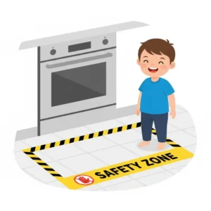 Creating a safety zone on the kitchen floor for teaching toddler not to touch hot oven.