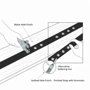 Using a hole punch tool on nylon webbing as a key step in making tv strap holders for wall mounted tv.