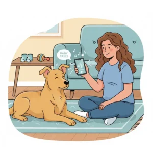 A pet owner playing recorded baby crying sounds to desensitize a dog to new household noises.